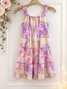 Pastel Marble Swirl Tiered Dress Ruffle Trim Sundress Coquette Kawaii Girls M